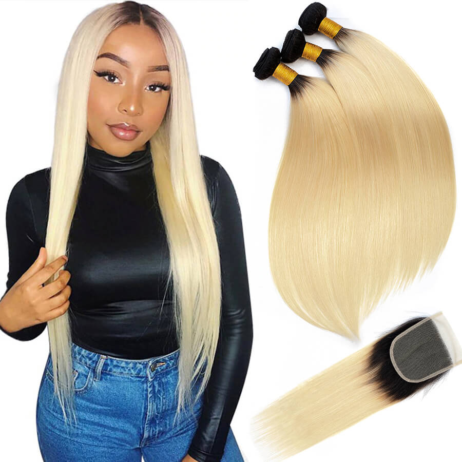 Ombre T1B/613 Blonde Brazilian Straight Hair 3 Bundles With 4*4 Closure Virgin Human Hair Hermosa Hair