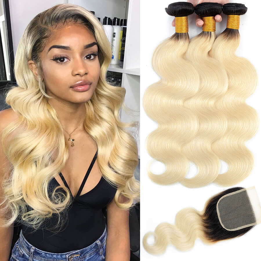 Ombre T1B/613 Brazilian Body Wave Human Hair 3 Bundles With Closure Remy Hair Weave Hermosa Hair