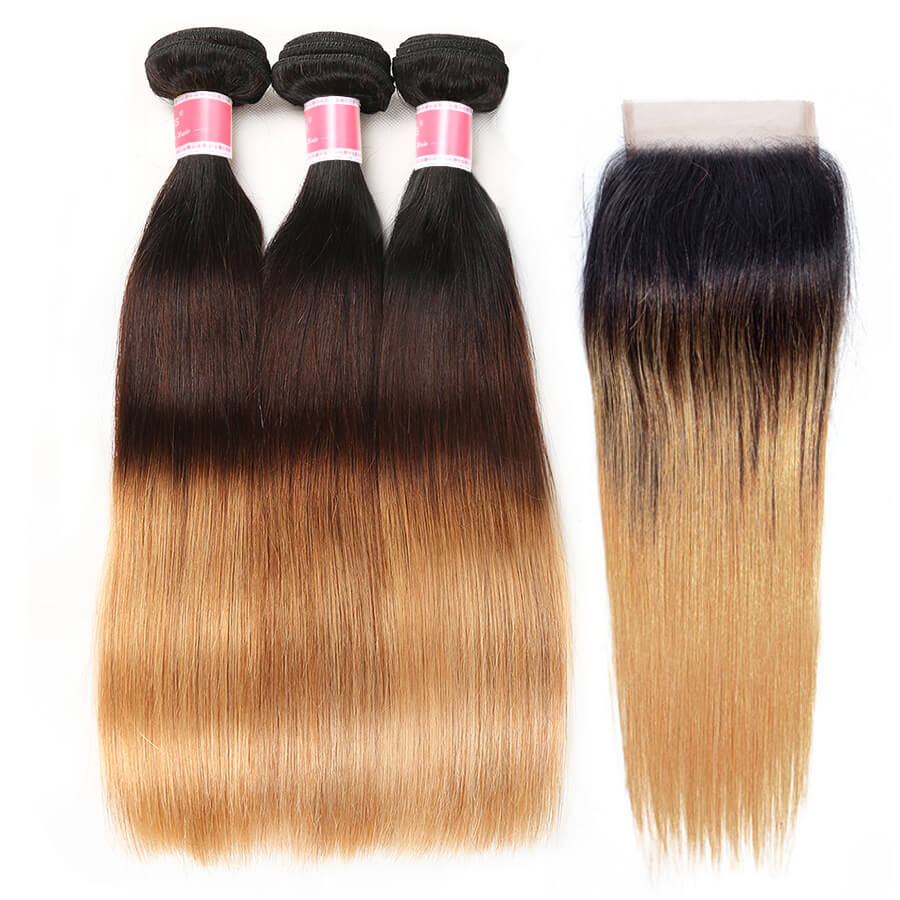 Ombre T1b/4/27 Brazilian Straight Hair 3 Bundles with Closure 100% Unprocessed Virgin Human Hair hermosahair