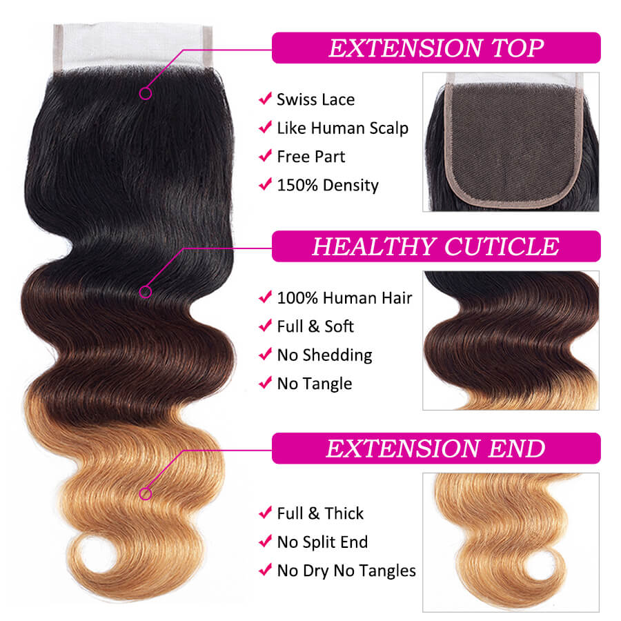 T1b/4/27 Ombre Human Hair 3 Bundles with Closure Free Part Brazilian Body Wave Hermosa Hair hermosahair