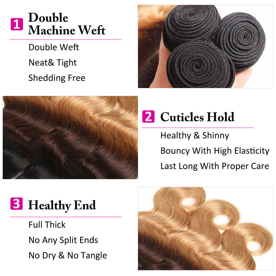 T1B/4/27# Three Tone Ombre Brazilian Body Wave Virgin Hair 3 Bundles hermosahair