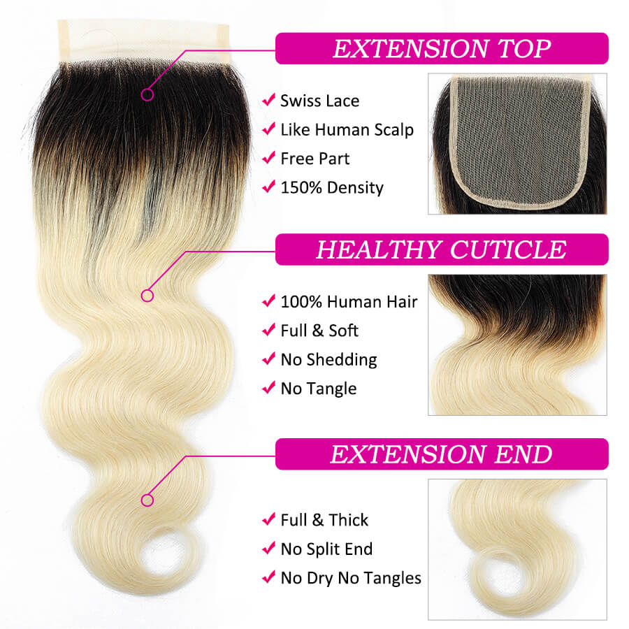 Ombre T1B/613 Brazilian Body Wave Human Hair 3 Bundles With Closure Remy Hair Weave Hermosa Hair