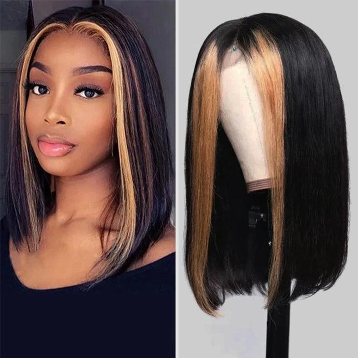 Straight Short Bob 13x4 Lace Font Wig With Blonde Highlights Streaks In Front Bob Wigs hermosahair