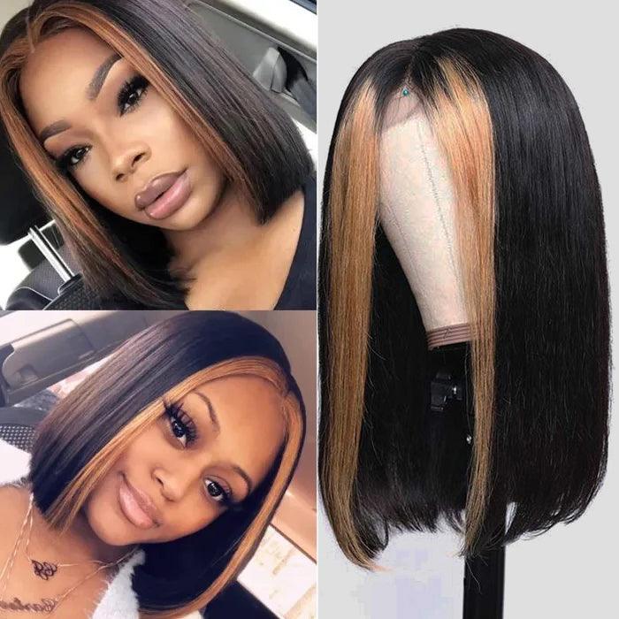 Straight Short Bob 13x4 Lace Font Wig With Blonde Highlights Streaks In Front Bob Wigs hermosahair