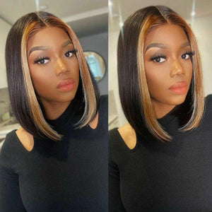 Straight Short Bob 13x4 Lace Font Wig With Blonde Highlights Streaks In Front Bob Wigs hermosahair