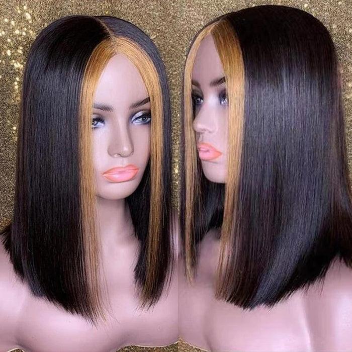 Straight Short Bob 13x4 Lace Font Wig With Blonde Highlights Streaks In Front Bob Wigs hermosahair