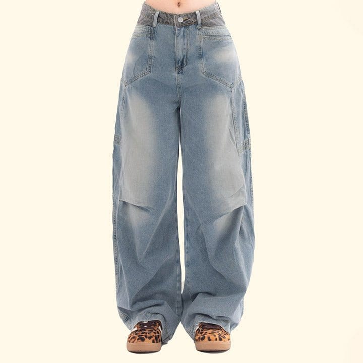 Sneakerhill® Faded Wash Jeans Side Pleated Sneakerhill