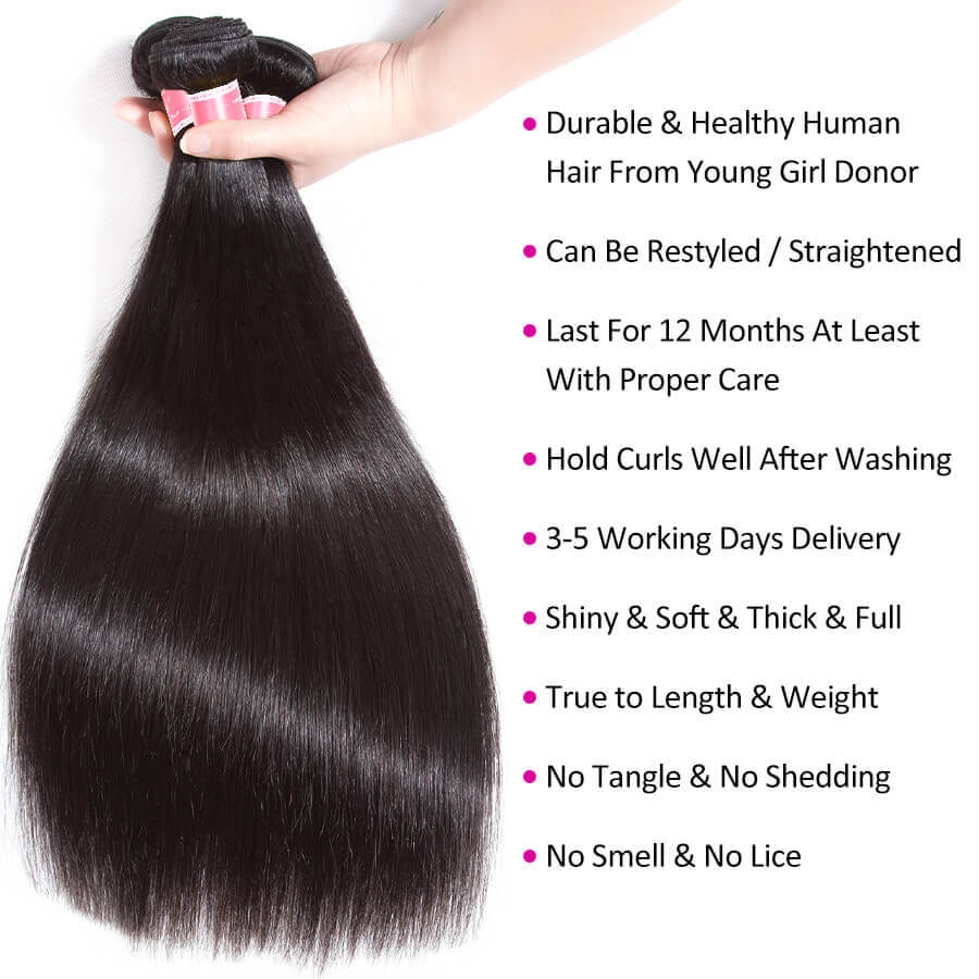 Peruvian Straight Hair 3 Bundles with 4*4 Closure Soft Unprocessed Virgin Human Hair Hermosa Hair