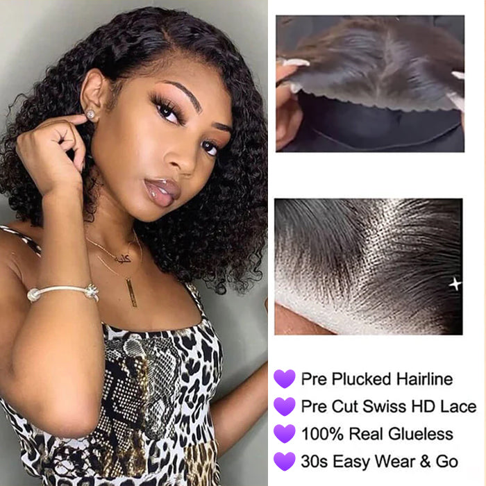 Ready To Go Glueless Curly Bob Wigs Pre Cut HD Lace Closure Wigs 100% Human Hair hermosahair