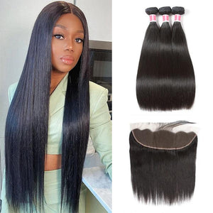 Malaysian Straight Virgin Hair Weave 3 Bundles With Lace Frontal 13x4 Ear To Ear Hermosa Hair