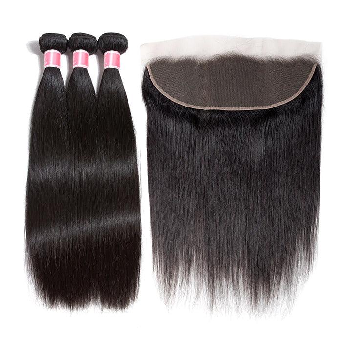 Malaysian Straight Virgin Hair Weave 3 Bundles With Lace Frontal 13x4 Ear To Ear Hermosa Hair