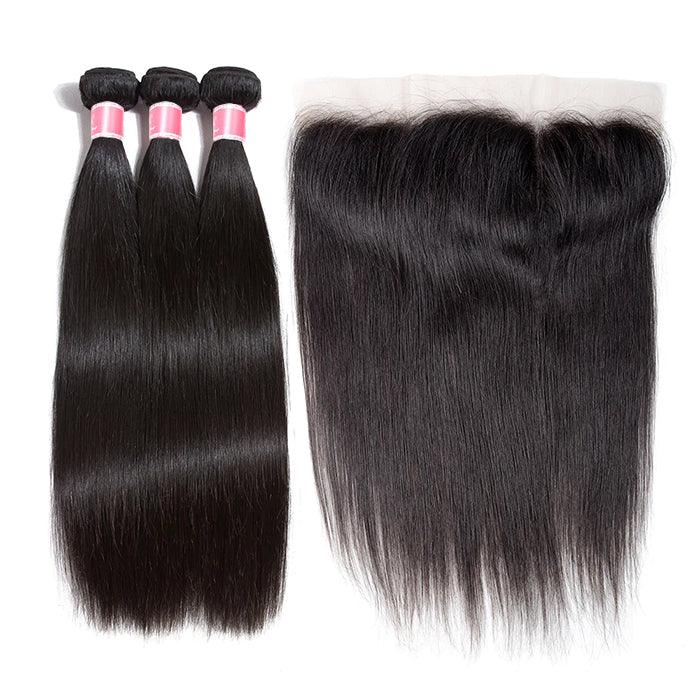 Malaysian Straight Virgin Hair Weave 3 Bundles With Lace Frontal 13x4 Ear To Ear Hermosa Hair