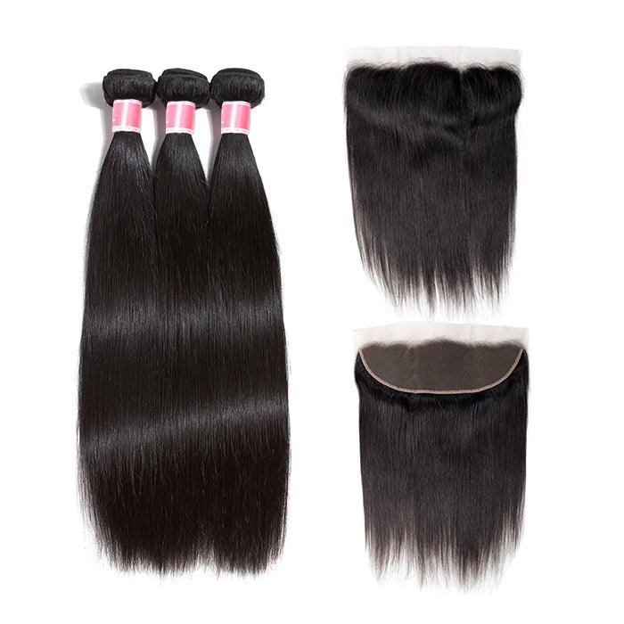 Malaysian Straight Virgin Hair Weave 3 Bundles With Lace Frontal 13x4 Ear To Ear Hermosa Hair