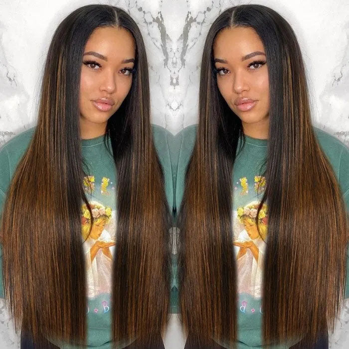 Hot Highlight Balayage Straight V/U Part Wig No Leave Out Glueless Human Hair Wigs Beginner Friendly Hermosa Hair