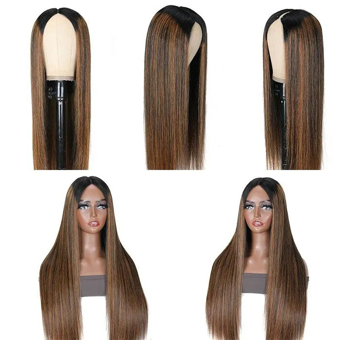 Hot Highlight Balayage Straight V/U Part Wig No Leave Out Glueless Human Hair Wigs Beginner Friendly Hermosa Hair