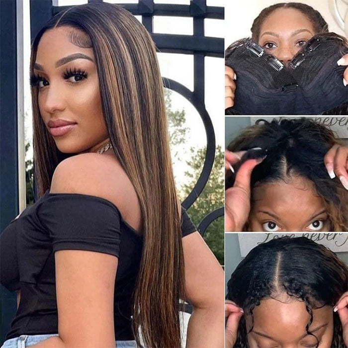 Hot Highlight Balayage Straight V/U Part Wig No Leave Out Glueless Human Hair Wigs Beginner Friendly Hermosa Hair