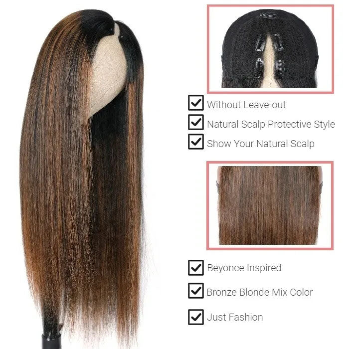 Hot Highlight Balayage Straight V/U Part Wig No Leave Out Glueless Human Hair Wigs Beginner Friendly Hermosa Hair