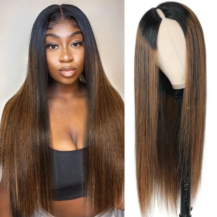 Hot Highlight Balayage Straight V/U Part Wig No Leave Out Glueless Human Hair Wigs Beginner Friendly Hermosa Hair