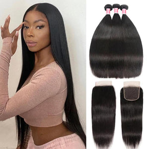 Malaysian Straight Hair 3 Bundles with 4*4 Closure Soft Unprocessed Virgin Human Hair Hermosa Hair