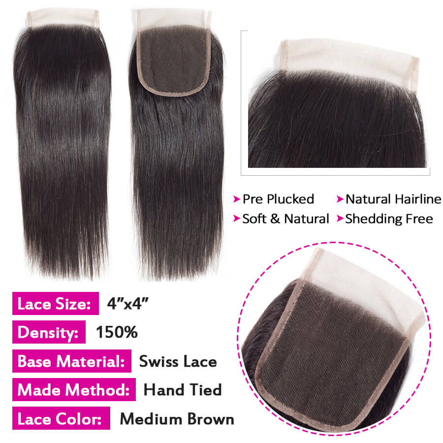 Peruvian Straight Hair 4 Bundles with 4*4 Closure Soft Unprocessed Virgin Human Hair hermosahair