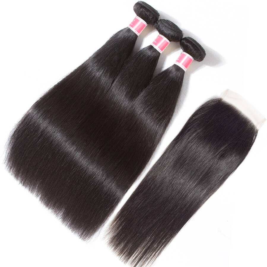 Peruvian Straight Hair 3 Bundles with 4*4 Closure Soft Unprocessed Virgin Human Hair Hermosa Hair