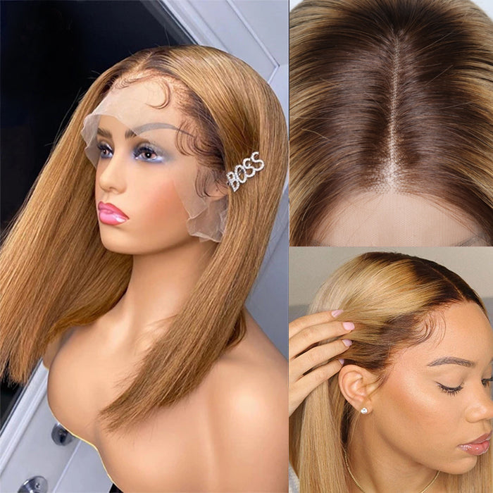 Ombre Blonde T4/27 Straight 13x4 Lace Front Wig Short bob Lace Front Human Hair Wigs hermosahair