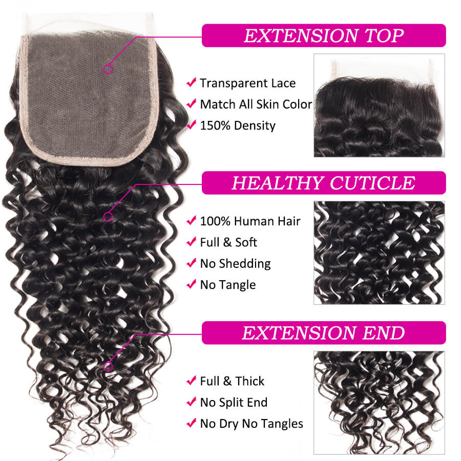 Peruvian Curly Hair 3 Bundles With 4x4 Transparent Lace Closure Remy Hair Weave Hermosa Hair