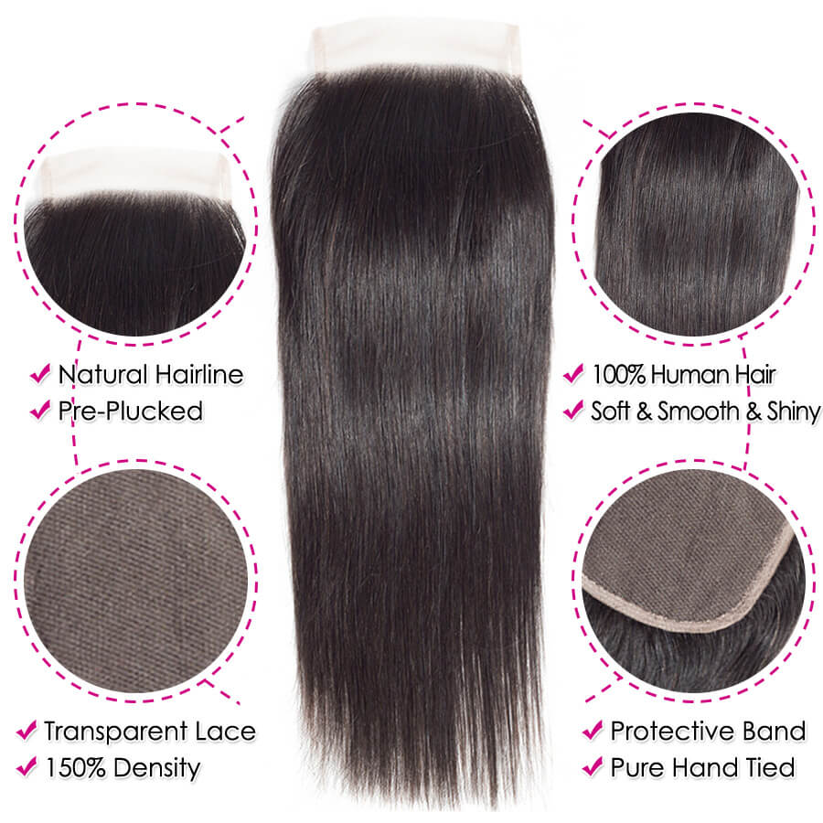 Peruvian Straight Hair 3 Bundles with 4*4 Closure Soft Unprocessed Virgin Human Hair Hermosa Hair