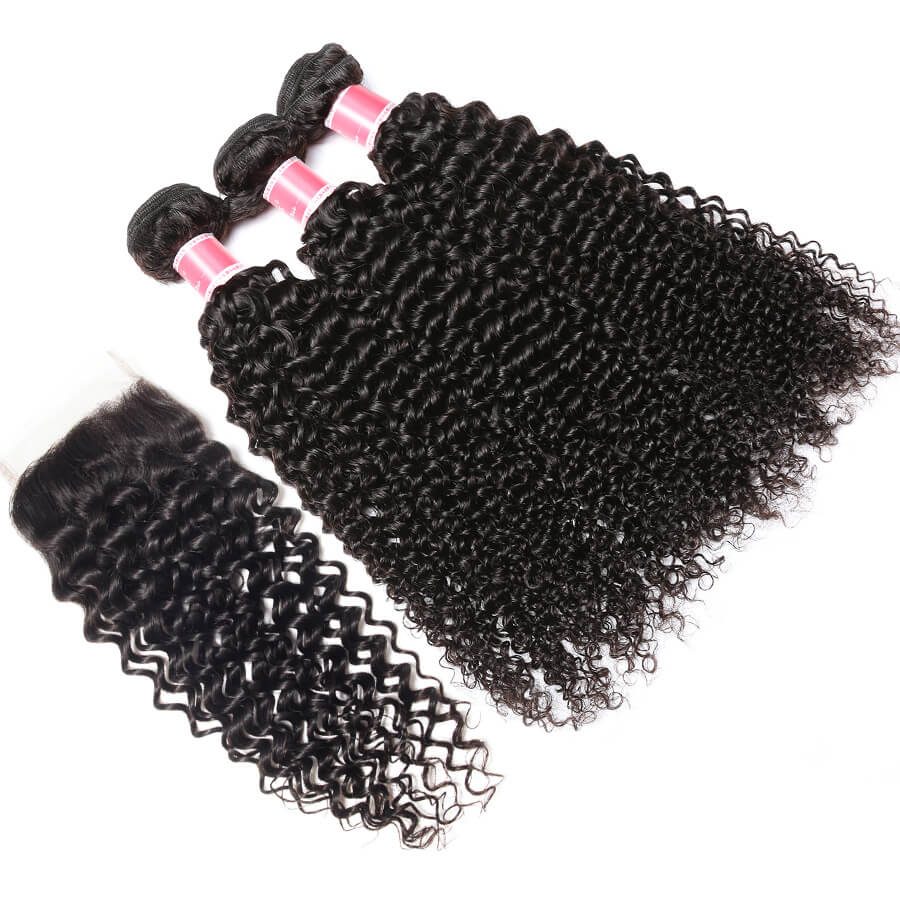 Peruvian Curly Hair 3 Bundles With 4x4 Transparent Lace Closure Remy Hair Weave Hermosa Hair