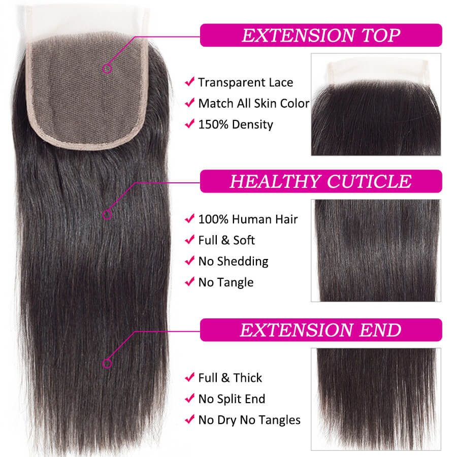 Peruvian Straight Hair 3 Bundles with 4*4 Closure Soft Unprocessed Virgin Human Hair Hermosa Hair