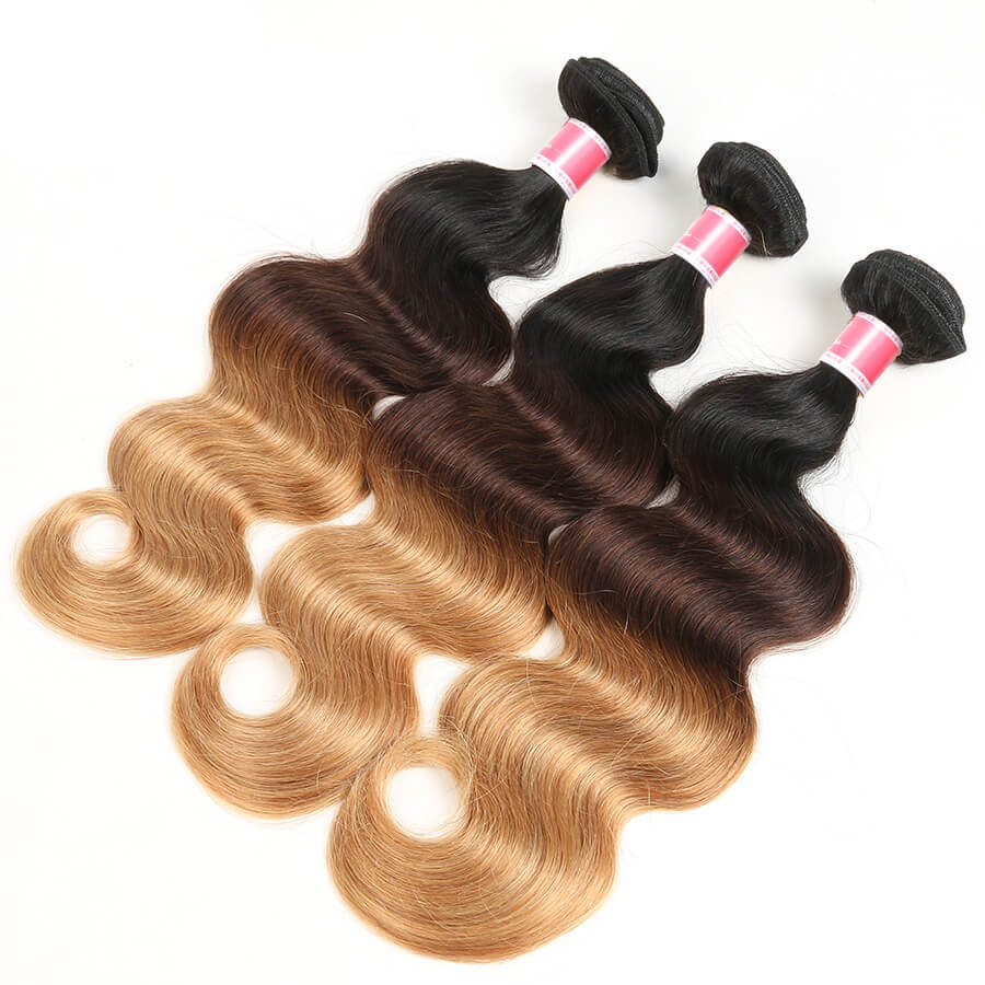 T1B/4/27# Three Tone Ombre Brazilian Body Wave Virgin Hair 3 Bundles hermosahair