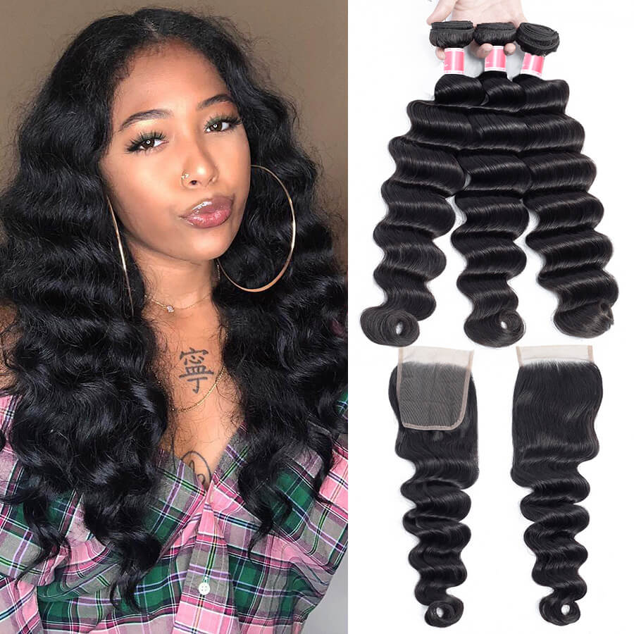 Peruvian Loose Deep Wave Virgin Hair 3 Bundles with Closure 100% Unprocess Human Hair Weave Bundles with Closure hermosahair