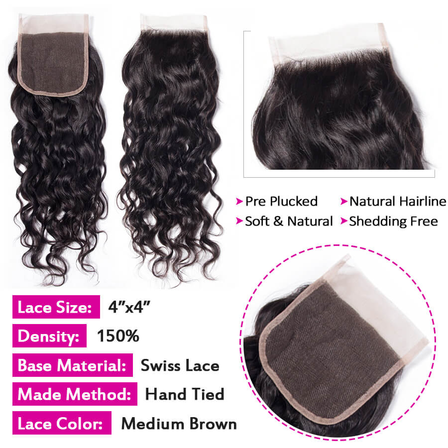 Malaysian Water Wave 3 Bundles with 4*4 Lace Closure Virgin Human Hair Hermosa Hair