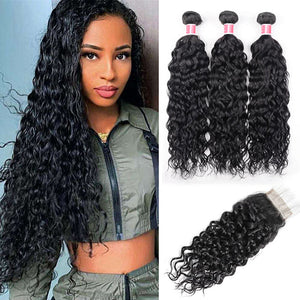 Malaysian Water Wave 3 Bundles with 4*4 Lace Closure Virgin Human Hair Hermosa Hair