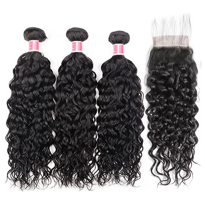 Malaysian Water Wave 3 Bundles with 4*4 Lace Closure Virgin Human Hair Hermosa Hair