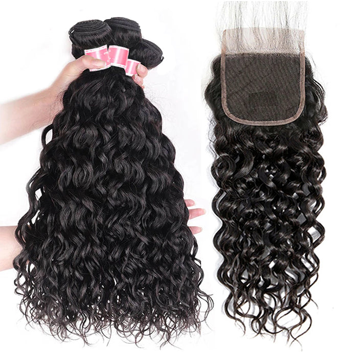 Malaysian Water Wave 3 Bundles with 4*4 Lace Closure Virgin Human Hair Hermosa Hair