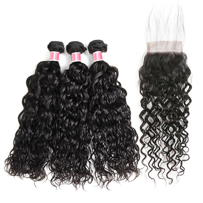 Malaysian Water Wave 3 Bundles with 4*4 Lace Closure Virgin Human Hair Hermosa Hair