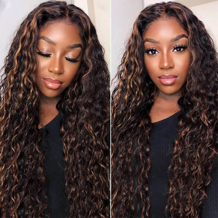 Water Wave Human Hair Lace Front Wigs #1B/30 Highlight Brown Wigs Hermosa Hair