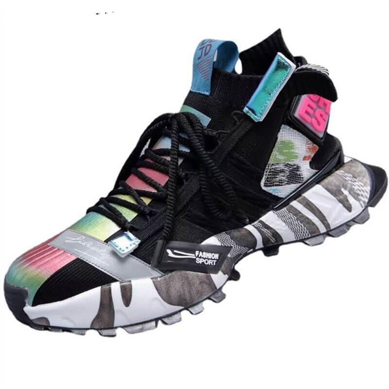 a pair of black and white sneakers with colorful accents