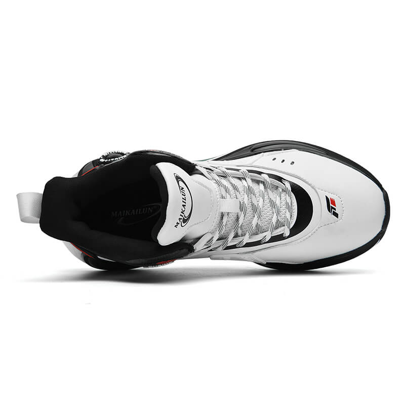 a white and black sneaker with red accents