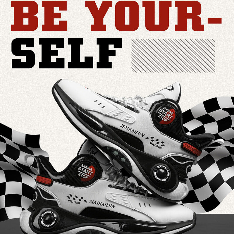 a pair of shoes sitting on top of a checkered flag