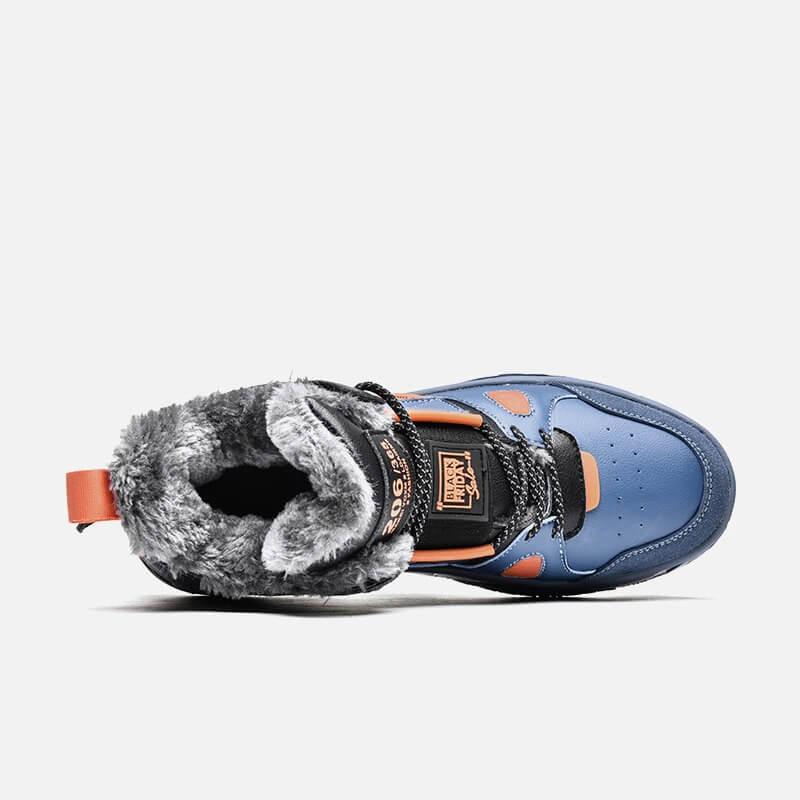 a pair of blue and orange shoes on a white background