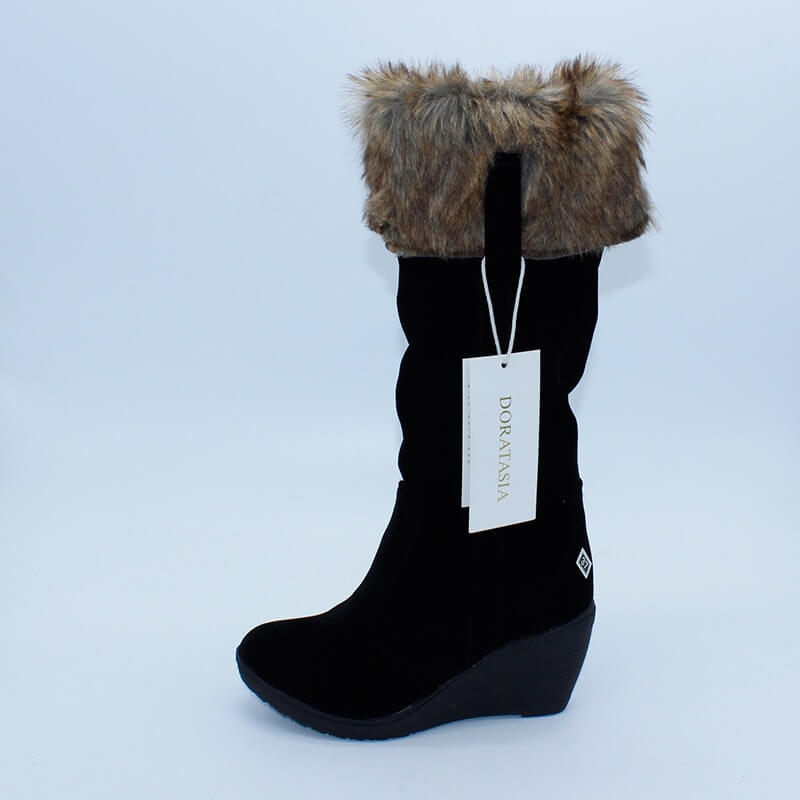 a pair of black boots with a fur collar