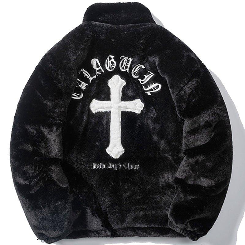 Lemadik Faux Fur Winter Coat Embroidery Cross 1984