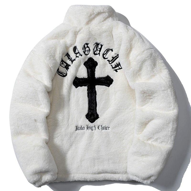 Lemadik Faux Fur Winter Coat Embroidery Cross 1984