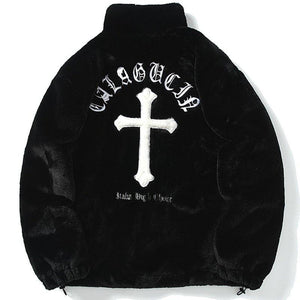 Lemadik Faux Fur Winter Coat Embroidery Cross 1984