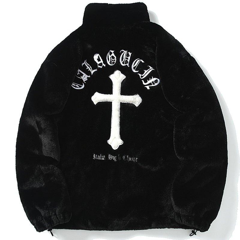 Lemadik Faux Fur Winter Coat Embroidery Cross 1984