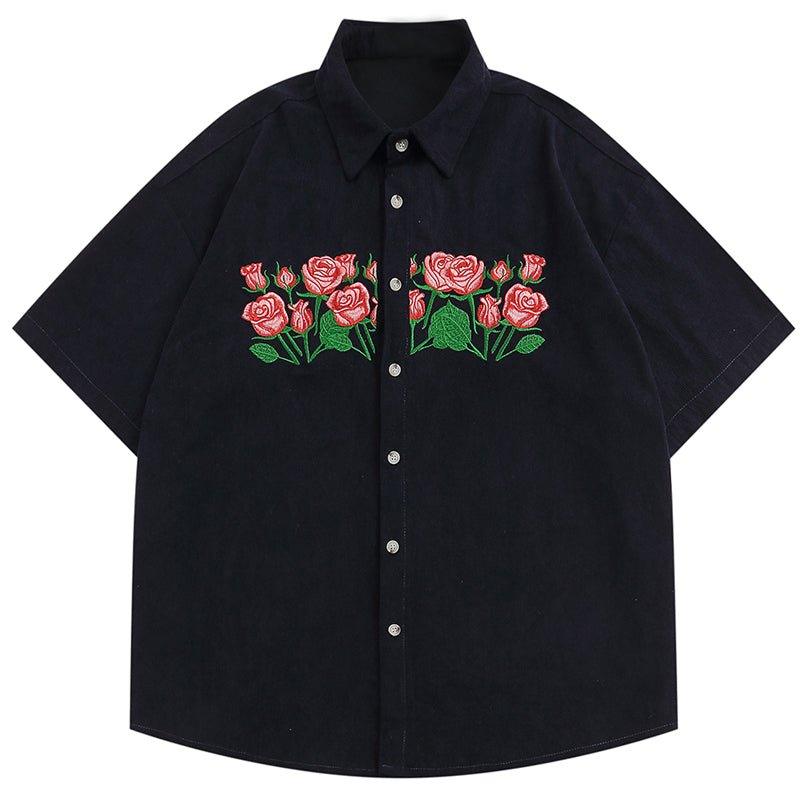 1984 Corduroy Short Sleeve Shirt Embroidery Rose 1984