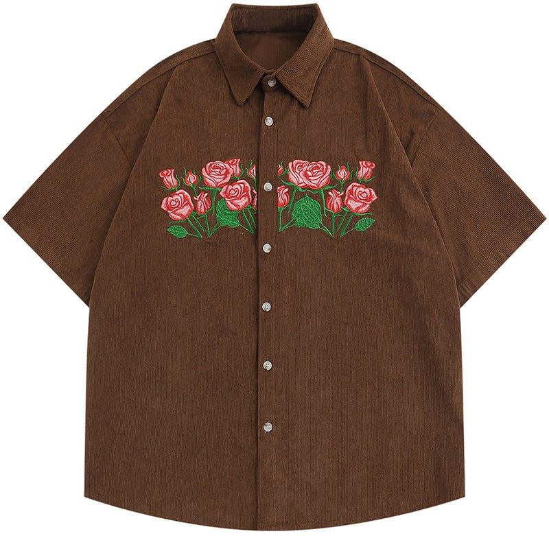 1984 Corduroy Short Sleeve Shirt Embroidery Rose 1984