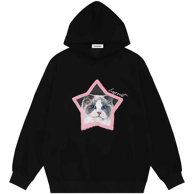 1984 Cute Hoodie Flocked Star Cat 1984